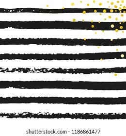 Gold glitter confetti with dots on black stripes. Falling sequins with shimmer and sparkles. Template with gold glitter confetti for party invitation, event banner, flyer, birthday card.