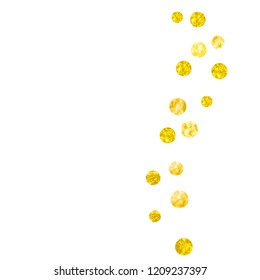 Gold glitter confetti with dots on isolated backdrop. Shiny random falling sequins with sparkles. Template with gold glitter confetti for party invitation, event banner, flyer, birthday card.