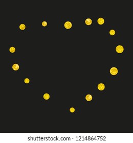 Gold glitter confetti with dots on isolated backdrop. Shiny random falling sequins with shimmer. Template with gold glitter confetti for greeting card, bridal shower and save the date invite.