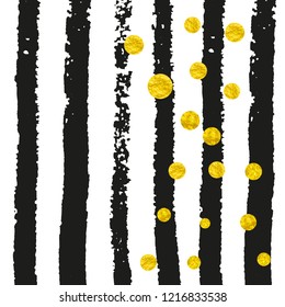 Gold glitter confetti with dots on black stripes. Random falling sequins with metallic shimmer. Template with gold glitter confetti for greeting card, bridal shower and save the date invite.