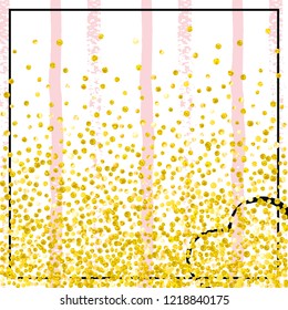 Gold glitter confetti with dots on pink stripes. Falling sequins with metallic shimmer. Template with gold glitter confetti for party invitation, event banner, flyer, birthday card.