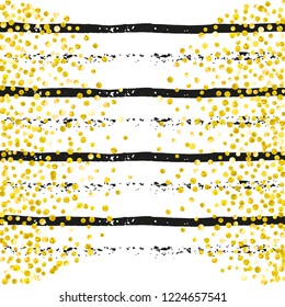 Gold glitter confetti with dots on black stripes. Shiny random sequins with metallic sparkles. Template with gold glitter confetti for party invitation, bridal shower and save the date invite.
