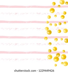 Gold glitter confetti with dots on pink stripes. Random falling sequins with glossy sparkles. Template with gold glitter confetti for party invitation, bridal shower and save the date invite.