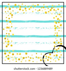 Gold glitter confetti with dots on turquoise stripes. Falling sequins with glossy sparkles. Template with gold glitter confetti for party invitation, event banner, flyer, birthday card.