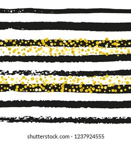 Gold glitter confetti with dots on black stripes. Sequins with metallic shimmer and sparkles. Template with gold glitter confetti for party invitation, event banner, flyer, birthday card.