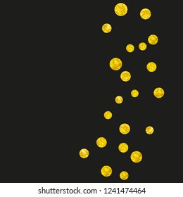 Gold glitter confetti with dots on isolated backdrop. Shiny random falling sequins with shimmer. Template with gold glitter confetti for party invitation, event banner, flyer, birthday card.