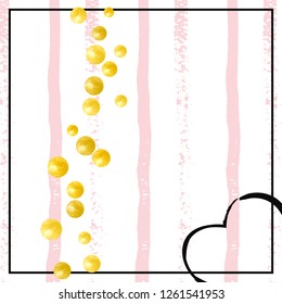 Gold glitter confetti with dots on pink stripes. Falling sequins with shimmer and sparkles. Template with gold glitter confetti for party invitation, event banner, flyer, birthday card.