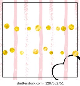 Gold glitter confetti with dots on pink stripes. Falling sequins with metallic shimmer. Template with gold glitter confetti for party invitation, bridal shower and save the date invite.