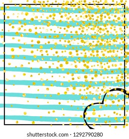 Gold glitter confetti with dots on turquoise stripes. Shiny random falling sequins with sparkles. Template with gold glitter confetti for party invitation, banner, greeting card, bridal shower.