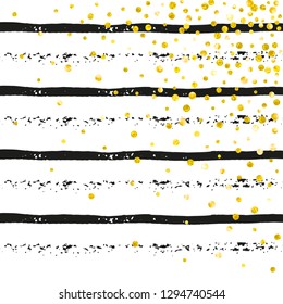 Gold glitter confetti with dots on black stripes. Shiny random falling sequins with shimmer. Template with gold glitter confetti for party invitation, event banner, flyer, birthday card.