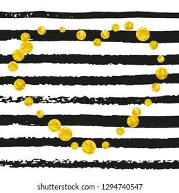 Gold glitter confetti with dots on black stripes. Shiny random falling sequins with shimmer. Template with gold glitter confetti for party invitation, banner, greeting card, bridal shower.