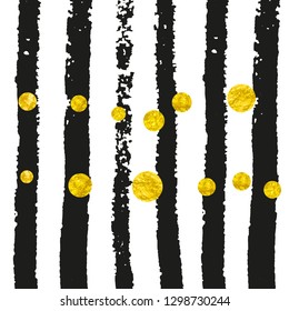 Gold glitter confetti with dots on black stripes. Shiny random falling sequins with sparkles. Template with gold glitter confetti for greeting card, bridal shower and save the date invite.