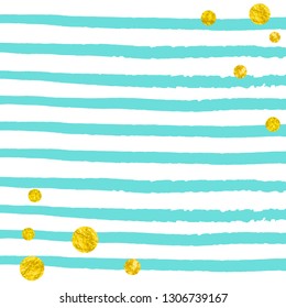 Gold glitter confetti with dots on turquoise stripes. Shiny random sequins with metallic sparkles. Template with gold glitter confetti for party invitation, event banner, flyer, birthday card.