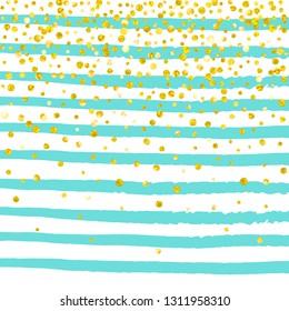 Gold glitter confetti with dots on turquoise stripes. Falling sequins with shimmer and sparkles. Template with gold glitter confetti for party invitation, banner, greeting card, bridal shower.
