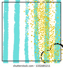 Gold glitter confetti with dots on turquoise stripes. Shiny random falling sequins with shimmer. Template with gold glitter confetti for greeting card, bridal shower and save the date invite.