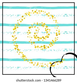 Gold glitter confetti with dots on turquoise stripes. Falling sequins with metallic shimmer. Template with gold glitter confetti for party invitation, bridal shower and save the date invite.