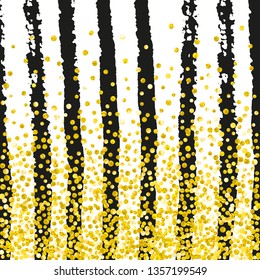 Gold glitter confetti with dots on black stripes. Shiny falling sequins with shimmer and sparkles. Template with gold glitter confetti for party invitation, banner, greeting card, bridal shower.