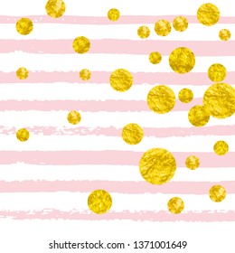 Gold glitter confetti with dots on pink stripes. Falling sequins with shimmer and sparkles. Template with gold glitter confetti for party invitation, event banner, flyer, birthday card.