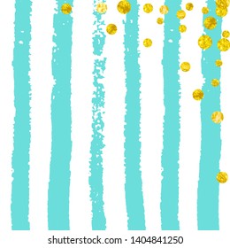 Gold glitter confetti with dots on turquoise stripes. Shiny random falling sequins with sparkles. Template with gold glitter confetti for party invitation, banner, greeting card, bridal shower.
