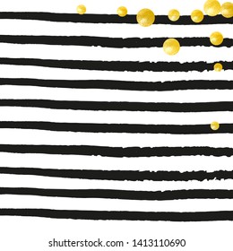 Gold glitter confetti with dots on black stripes. Shiny random falling sequins with shimmer. Template with gold glitter confetti for party invitation, event banner, flyer, birthday card.