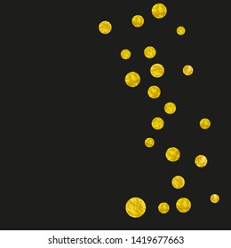 Gold glitter confetti with dots on isolated backdrop. Falling sequins with glossy sparkles. Template with gold glitter confetti for greeting card, bridal shower and save the date invite.