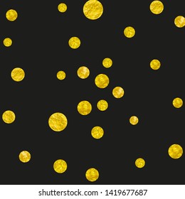 Gold glitter confetti with dots on isolated backdrop. Falling sequins with shimmer and sparkles. Template with gold glitter confetti for greeting card, bridal shower and save the date invite.