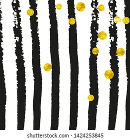 Gold glitter confetti with dots on black stripes. Falling sequins with shimmer and sparkles. Template with gold glitter confetti for party invitation, bridal shower and save the date invite.