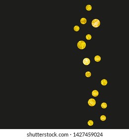 Gold glitter confetti with dots on isolated backdrop. Sequins with metallic shimmer and sparkles. Template with gold glitter confetti for greeting card, bridal shower and save the date invite.