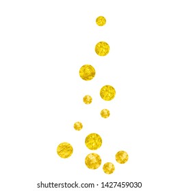 Gold glitter confetti with dots on isolated backdrop. Shiny falling sequins with shimmer and sparkles. Template with gold glitter confetti for party invitation, event banner, flyer, birthday card.