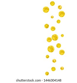 Gold glitter confetti with dots on isolated backdrop. Shiny random falling sequins with sparkles. Template with gold glitter confetti for party invitation, banner, greeting card, bridal shower.