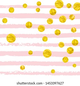 Gold glitter confetti with dots on pink stripes. Shiny random falling sequins with sparkles. Template with gold glitter confetti for party invitation, event banner, flyer, birthday card.