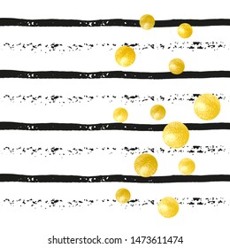 Gold glitter confetti with dots on black stripes. Random falling sequins with glossy sparkles. Template with gold glitter confetti for party invitation, bridal shower and save the date invite.