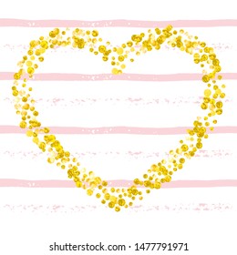 Gold glitter confetti with dots on pink stripes. Falling sequins with metallic shimmer. Template with gold glitter confetti for party invitation, banner, greeting card, bridal shower.