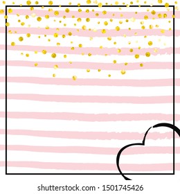 Gold glitter confetti with dots on pink stripes. Sequins with metallic shimmer and sparkles. Template with gold glitter confetti for party invitation, banner, greeting card, bridal shower.