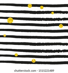 Gold glitter confetti with dots on black stripes. Falling sequins with metallic shimmer. Template with gold glitter confetti for party invitation, banner, greeting card, bridal shower.