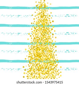 Gold glitter confetti with dots on turquoise stripes. Shiny falling sequins with shimmer and sparkles. Template with gold glitter confetti for greeting card, bridal shower and save the date invite.