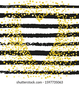 Gold glitter confetti with dots on black stripes. Falling sequins with shimmer and sparkles. Template with gold glitter confetti for party invitation, event banner, flyer, birthday card.