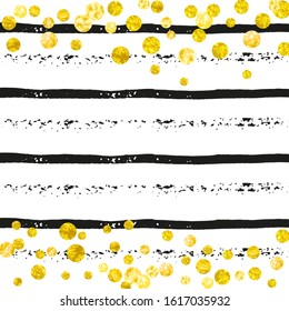 Gold glitter confetti with dots on black stripes. Shiny random falling sequins with sparkles. Template with gold glitter confetti for greeting card, bridal shower and save the date invite.