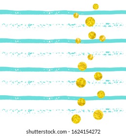 Gold glitter confetti with dots on turquoise stripes. Falling sequins with shimmer and sparkles. Template with gold glitter confetti for greeting card, bridal shower and save the date invite.