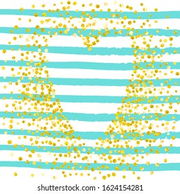 Gold glitter confetti with dots on turquoise stripes. Shiny random sequins with metallic sparkles. Template with gold glitter confetti for greeting card, bridal shower and save the date invite.