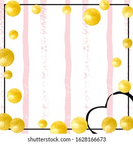 Gold glitter confetti with dots on pink stripes. Falling sequins with glossy sparkles. Template with gold glitter confetti for party invitation, bridal shower and save the date invite.