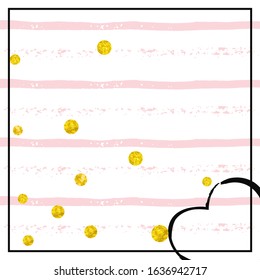 Gold glitter confetti with dots on pink stripes. Sequins with metallic shimmer and sparkles. Template with gold glitter confetti for party invitation, banner, greeting card, bridal shower.