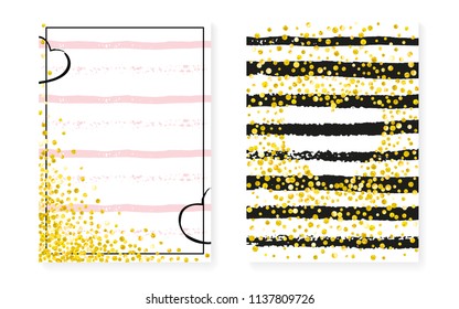 Gold glitter confetti with dots and sequins. Wedding and bridal shower invitation cards set. Vertical stripes background. Hipster gold glitter confetti for party, event, save the date flyer.