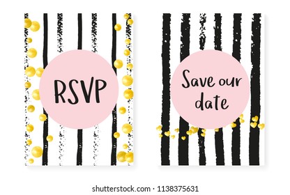 Gold glitter confetti with dots and sequins. Wedding and bridal shower invitation cards set. Vertical stripes background. Creative gold glitter confetti for party, event, save the date flyer.