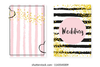 Gold glitter confetti with dots and sequins. Wedding and bridal shower invitation cards set. Vertical stripes background. Luxury gold glitter confetti for party, event, save the date flyer.