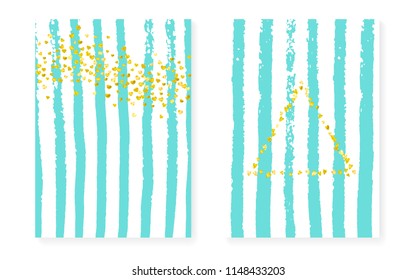Gold glitter confetti with dots and sequins. Wedding and bridal shower invitation cards set. Vertical mint stripes background. Hipster gold glitter confetti for party, event, save the date flyer