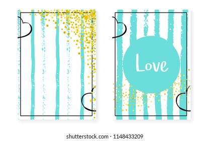 Gold glitter confetti with dots and sequins. Wedding and bridal shower invitation cards set. Vertical mint stripes background. Creative gold glitter confetti for party, event, save the date flyer