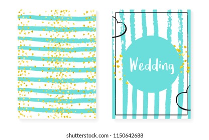 Gold glitter confetti with dots and sequins. Wedding and bridal shower invitation cards set. Vertical turquoise stripes background. Retro gold glitter confetti for party, event, save the date flyer