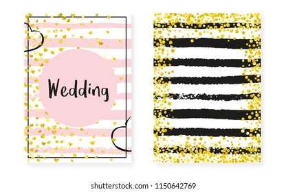 Gold glitter confetti with dots and sequins. Wedding and bridal shower invitation cards set. Vertical stripes background. Elegant gold glitter confetti for party, event, save the date flyer.