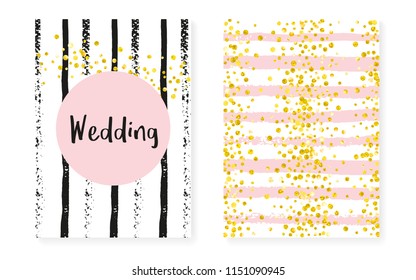 Gold glitter confetti with dots and sequins. Wedding and bridal shower invitation cards set. Vertical stripes background. Trendy gold glitter confetti for party, event, save the date flyer.